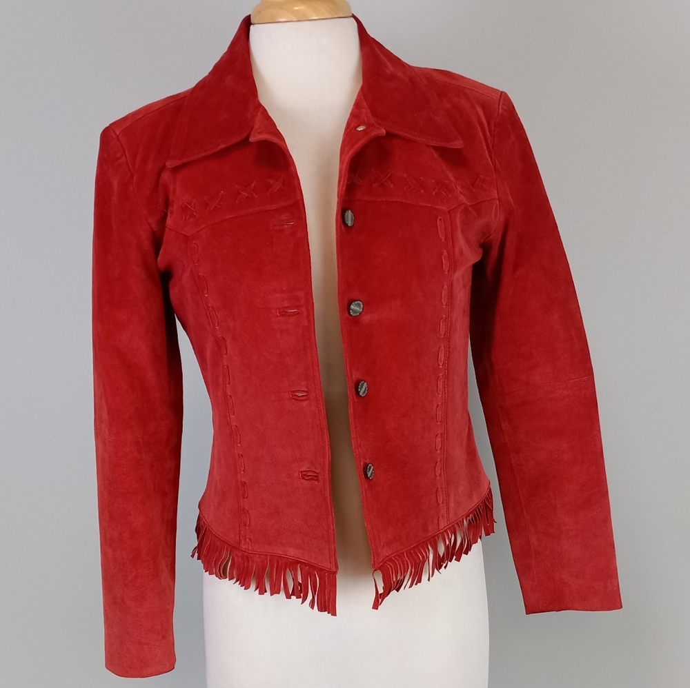 Jou Jou Suede Leather Fringed Jacket Red Size S